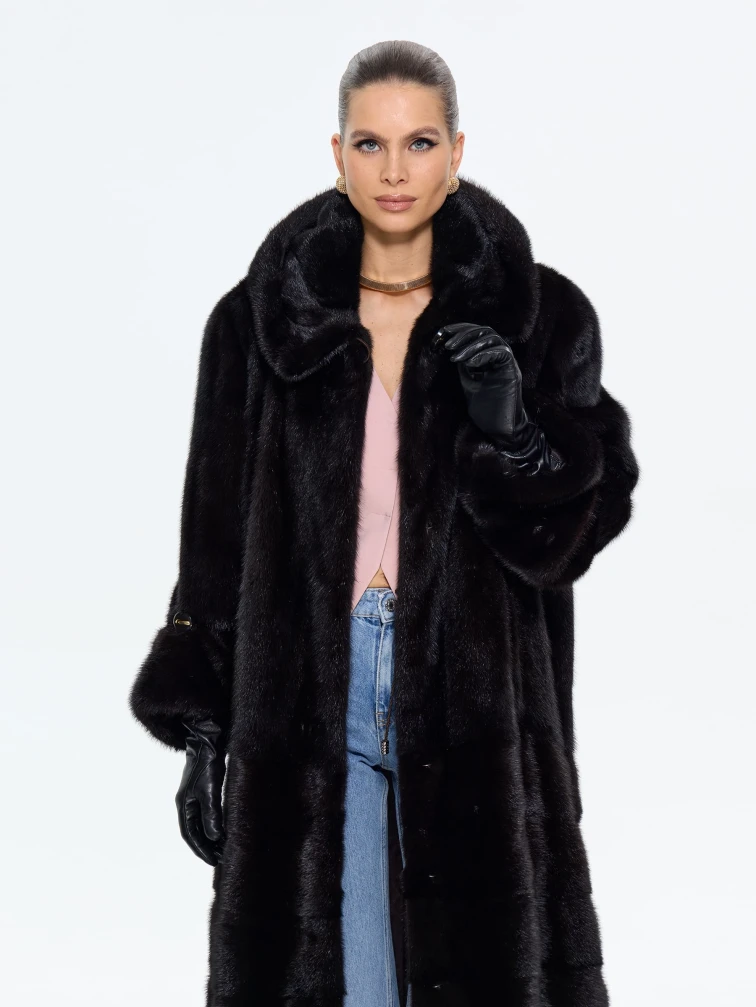 Шуба женская из меха норки с капюшоном М-102-1221, коричневая, размер 60, артикул 65430-6