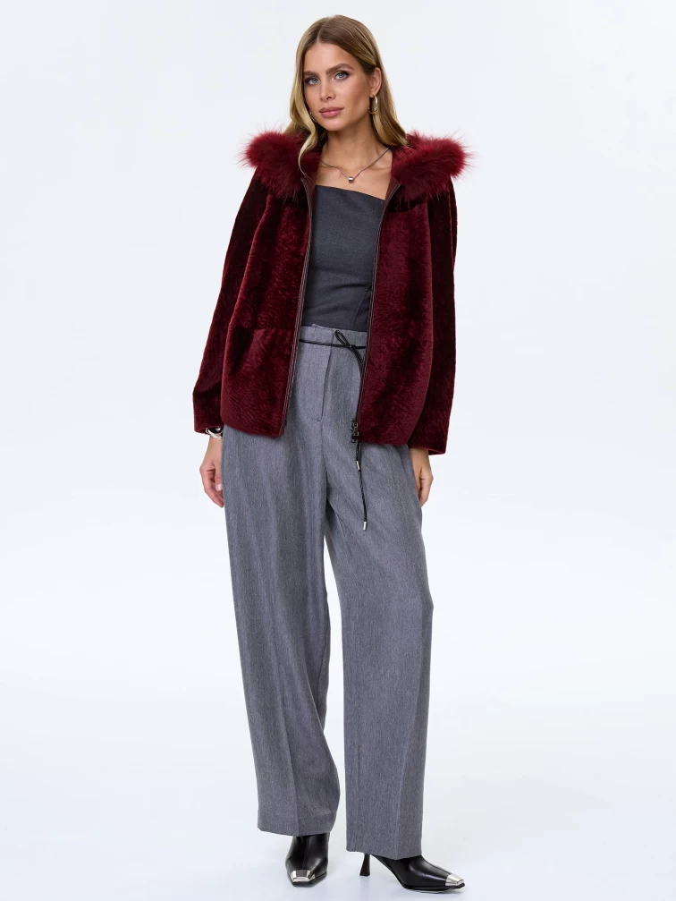 Женская шуба с капюшоном из астрагана с мехом песца 48мех, бордовая, размер 48, артикул 13800-1