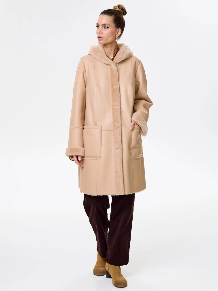 Женская классическая дубленка с капюшоном премиум класса 2004, бежевая, размер 54, артикул 62840-2