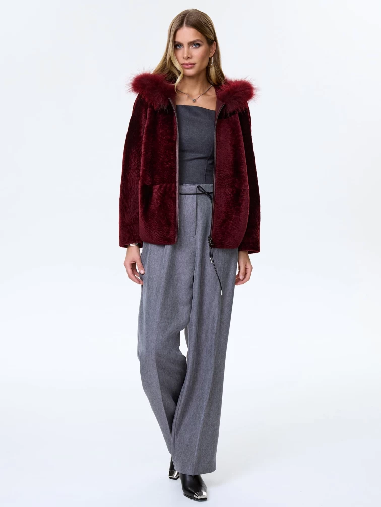 Женская шуба с капюшоном из астрагана с мехом песца 48мех, бордовая, размер 48, артикул 13800-5