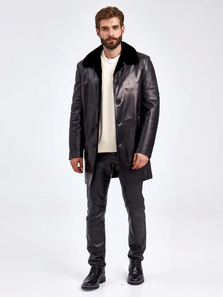 Кожаное мужское зимнее пальто на подкладке из овчины с норковым воротником 5365, черное, размер 46, артикул 29440-1