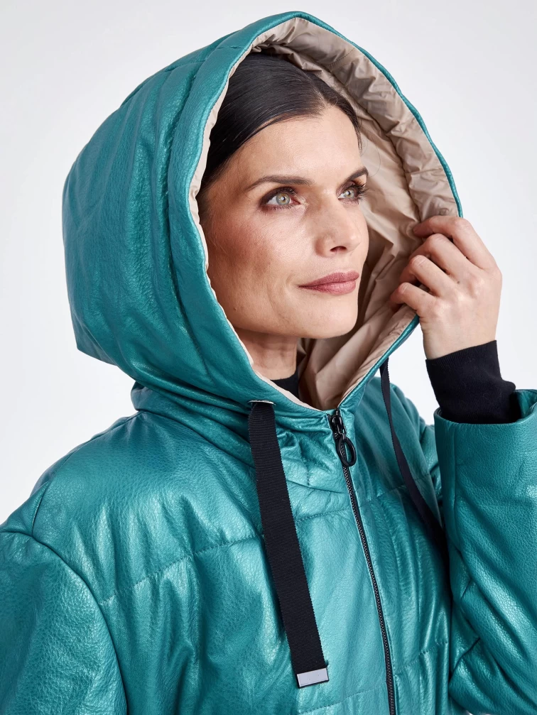 Кожаная женская куртка оверсайз с капюшоном премиум класса 3021, зеленая, размер 48, артикул 25470-2