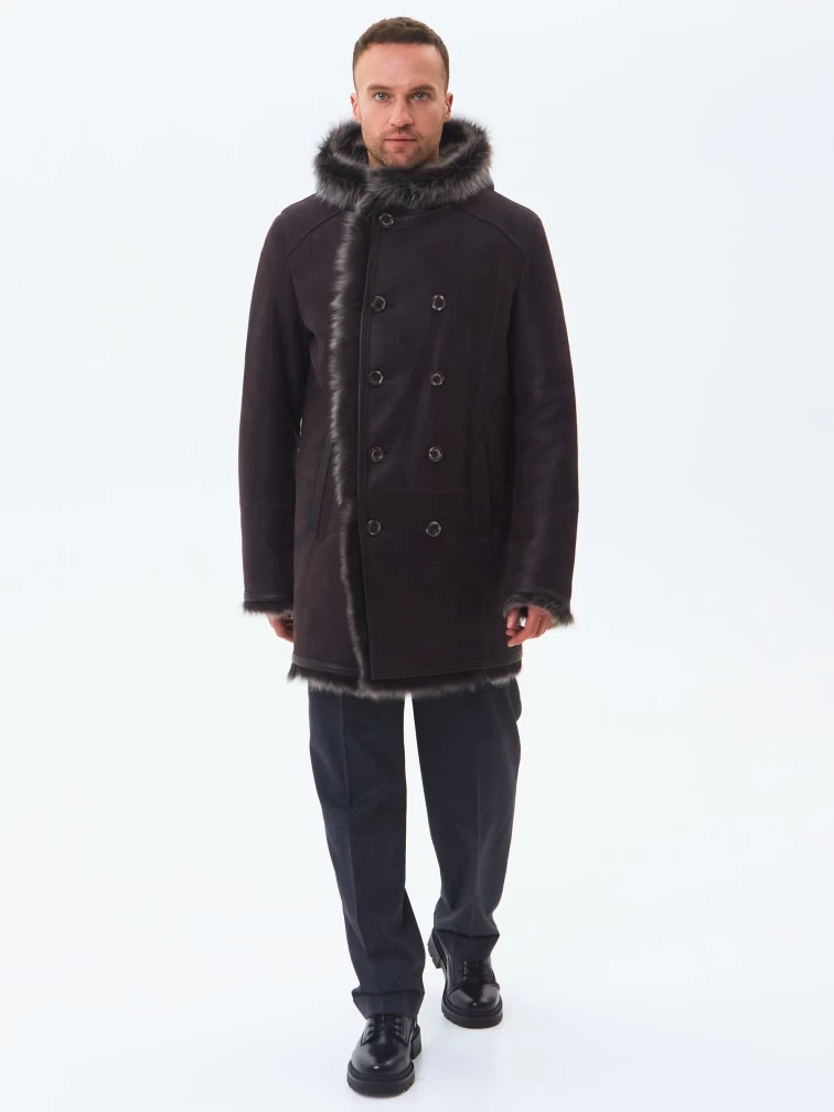 Двубортная мужская дубленка из тосканы с капюшоном премиум класса 415, коричневая, размер 52, артикул 71600-1