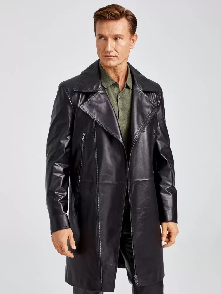 Мужской кожаный плащ косуха премиум класса 554, черный, размер 54, артикул 28920-5
