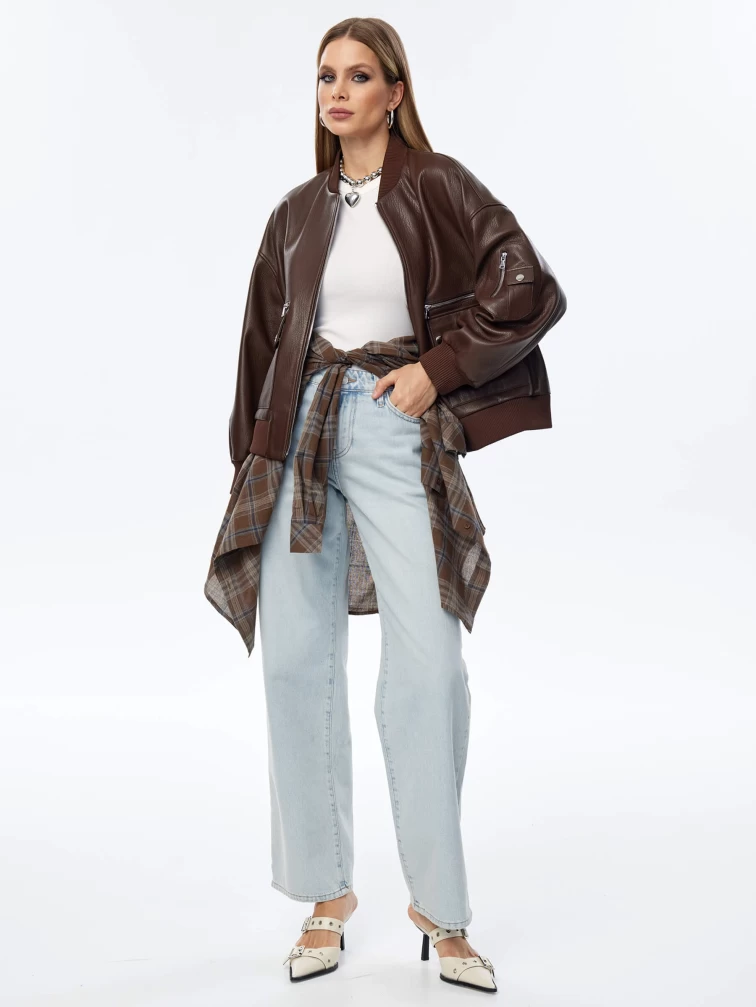 Короткая кожаная куртка бомбер для женщин премиум класса 3064, коричневая, размер 46, артикул 24030-1