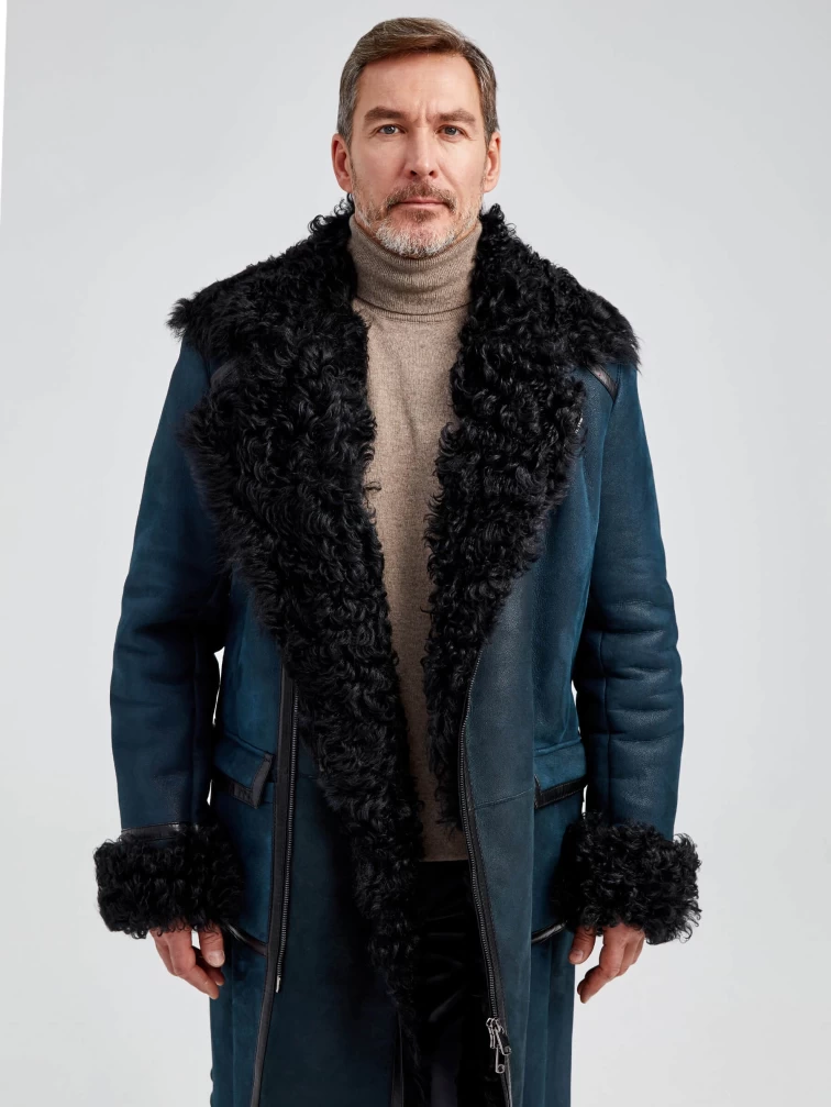 Длинная мужская дубленка с мехом тиградо премиум класса 424, синяя, размер 52, артикул 70922-6