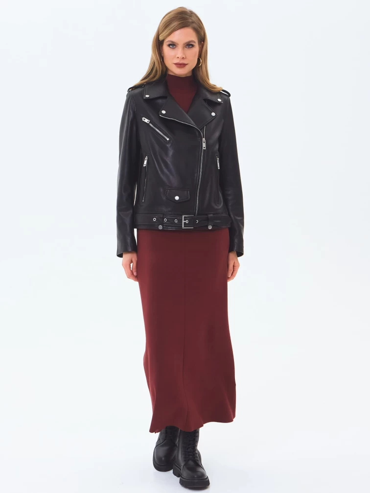 Кожаная женская куртка косуха с поясом премиум класса 3078, черная, размер 44, артикул 24510-6