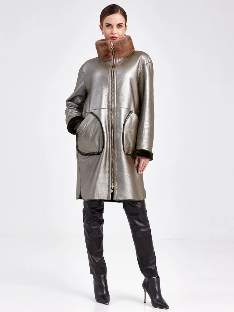 Женская двусторонняя дубленка из астрагана с мехом норки премиум класса 2018, хаки, размер 44, артикул 62771-6