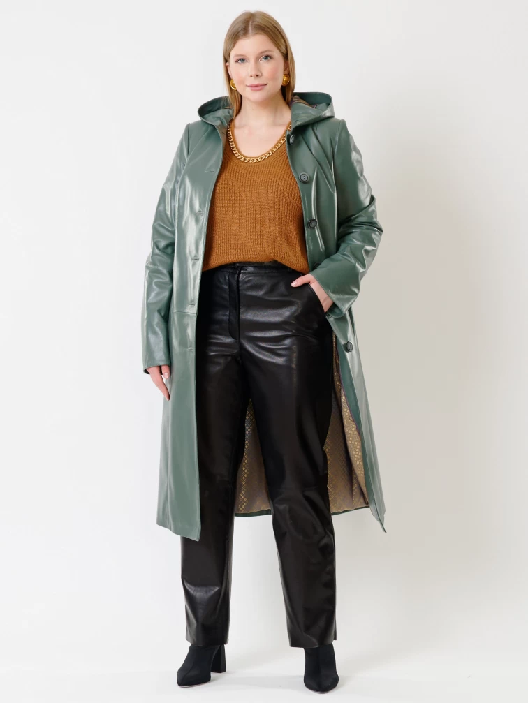 Кожаный комплект женский: Плащ утепленный 380нш + Брюки 04, оливковый/черный, р. 46, арт. 111265-0