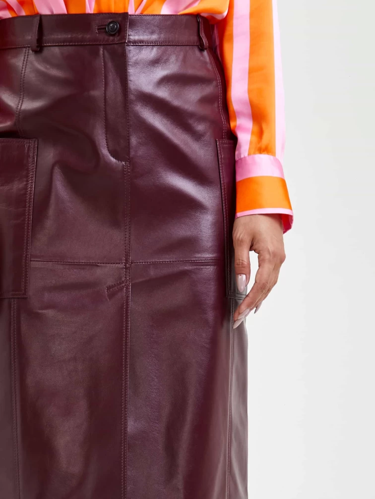 Кожаная юбка с разрезом 10, бордовая, размер 44, артикул 85590-2