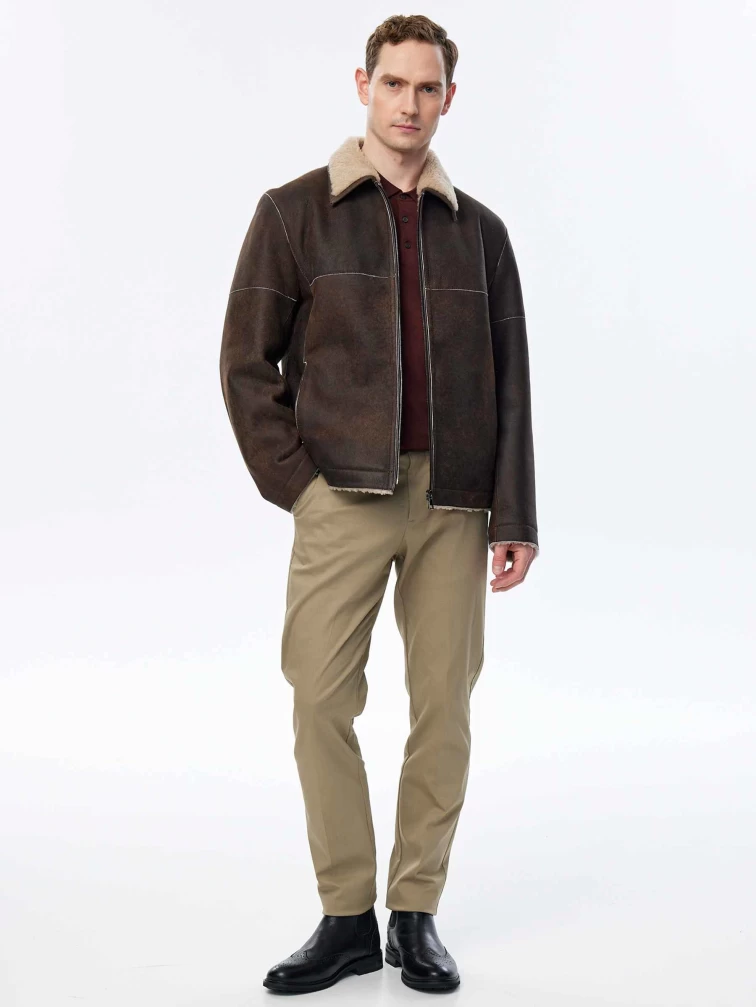 Короткая дубленка из овчины керли премиум класса для мужчин 140, коричневая, размер 52, артикул 71510-6