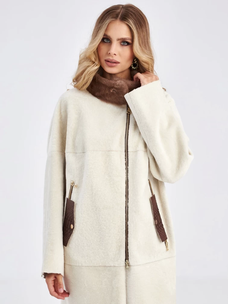 Женская молодежная дубленка с воротником из меха норки премиум класса 2022, белая, размер 48, артикул 63030-0