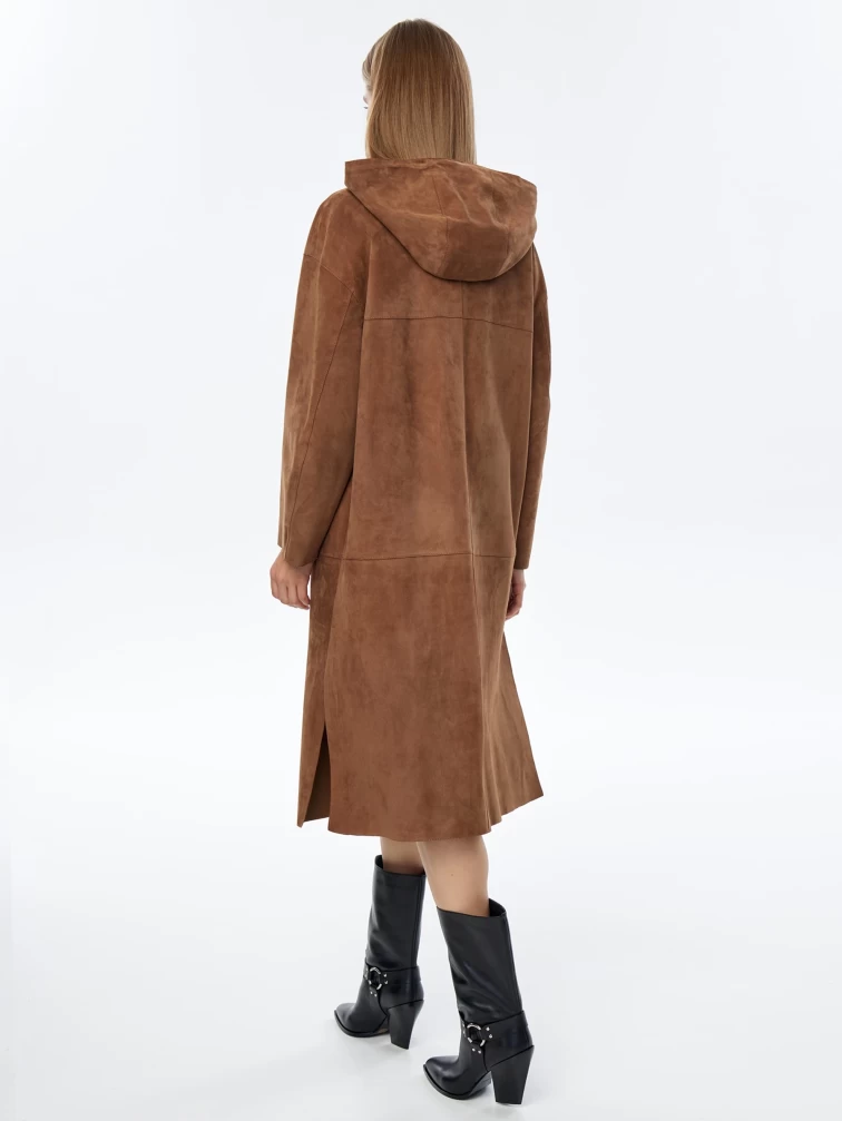 Длинный замшевый женский плащ оверсайз с капюшоном на молнии премиум класса 3058з, светло-коричневый, размер 52, артикул 23560-6