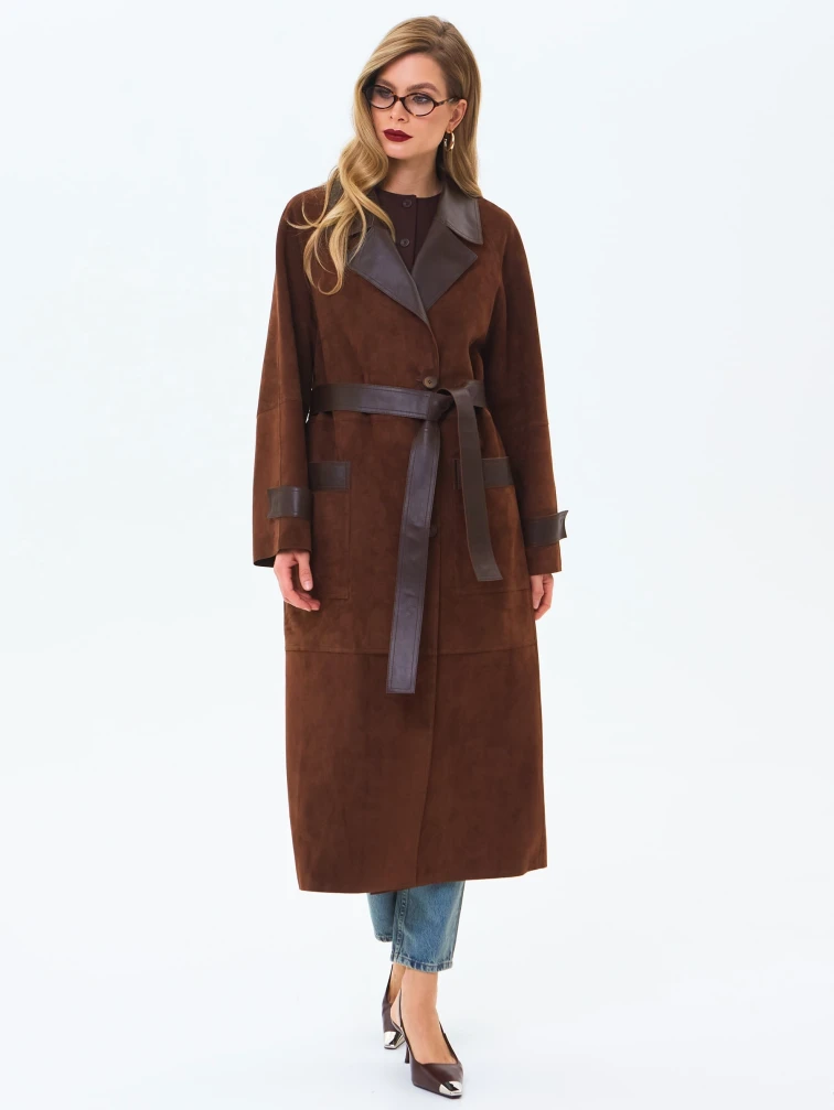 Длинный женский замшевый плащ премиум класса 3083з, коньячный, размер 48, артикул 24550-2