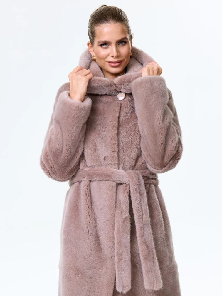 Норковая шуба женская с капюшоном под пояс Лолита(к), пудровая, размер 46, артикул 34170-5