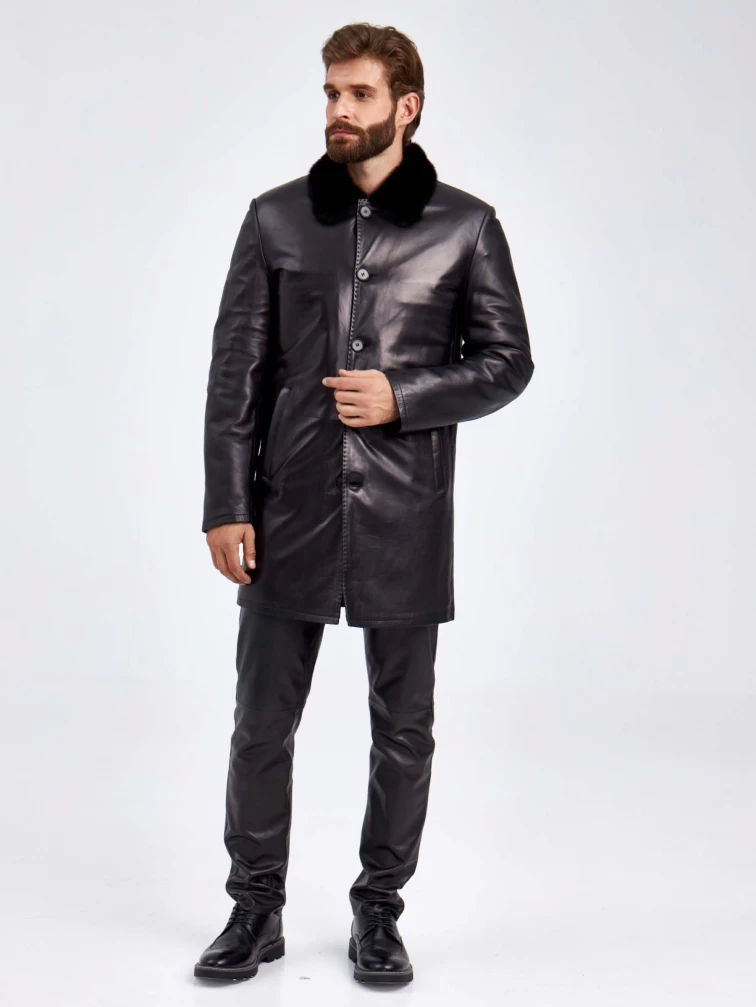 Кожаное мужское зимнее пальто на подкладке из овчины с норковым воротником 5365, черное, размер 46, артикул 29440-5