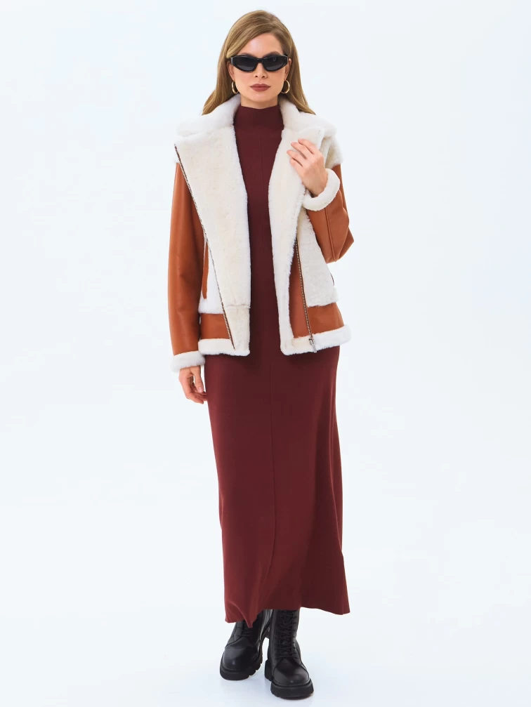 Короткая женская дубленка из натуральной овчины премиум класса 2066, виски, размер 44, артикул 64710-1