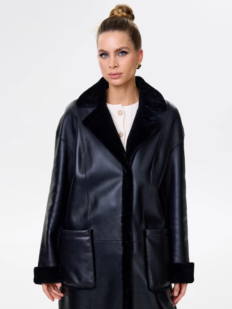 Длинная женская дубленка оверсайз премиум класса 2002, черная, размер 50, артикул 62451-3