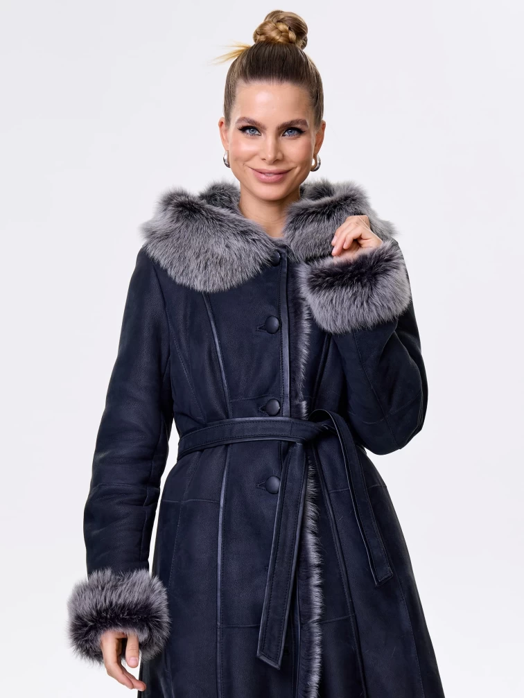 Длинная женская дубленка из тосканы с капюшоном 123нк, черная, размер 52, артикул 61893-6