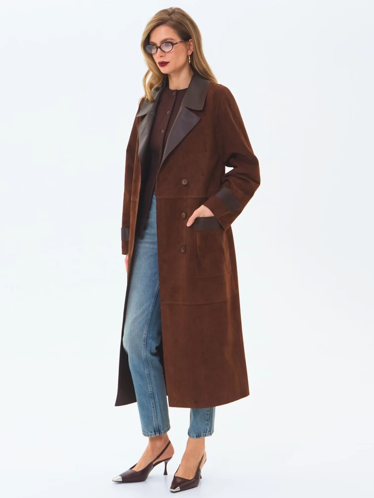 Длинный женский замшевый плащ премиум класса 3083з, коньячный, размер 48, артикул 24550-5