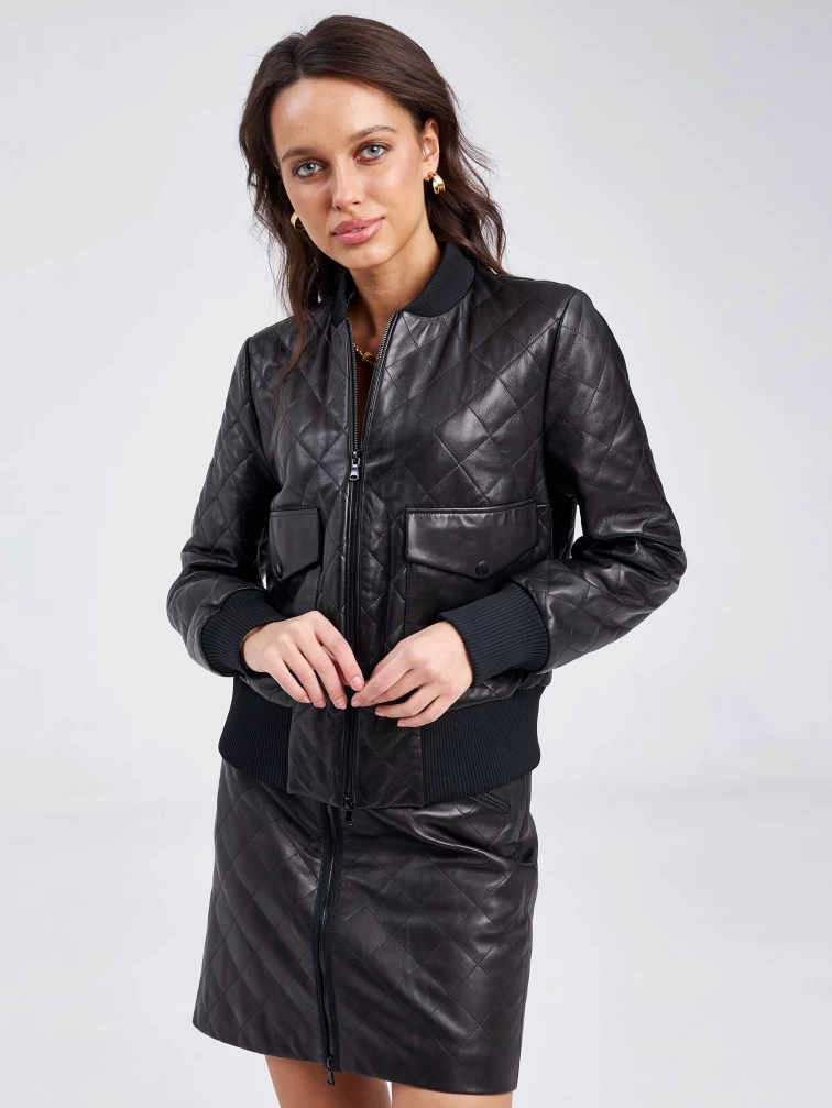 Кожаный стеганый женский бомбер премиум класса 3042, черный, размер 50, артикул 23250-1