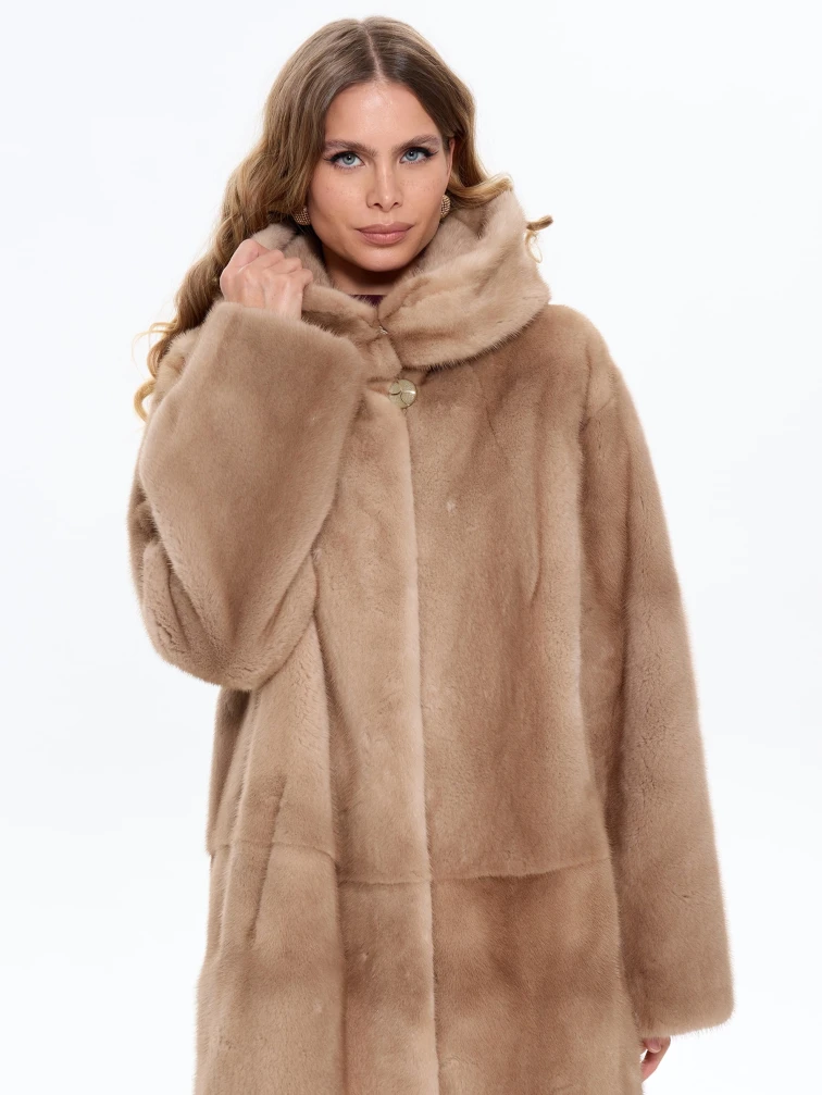 Длинная норковая женская шуба с капюшоном Жанет, пастельная, размер 52, артикул 65170-0