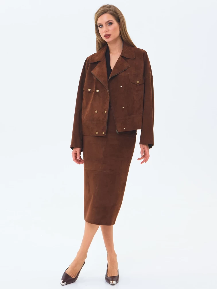 Короткая женская замшевая куртка косуха премиум класса 3085з, коньячная, размер 46, артикул 24620-1