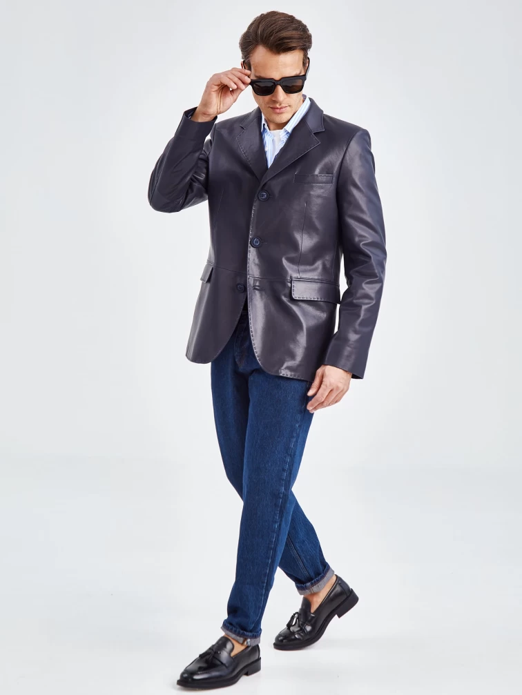 Мужской кожаный пиджак на ручном стежке премиум класса 543, синий, размер 50, артикул 27320-5