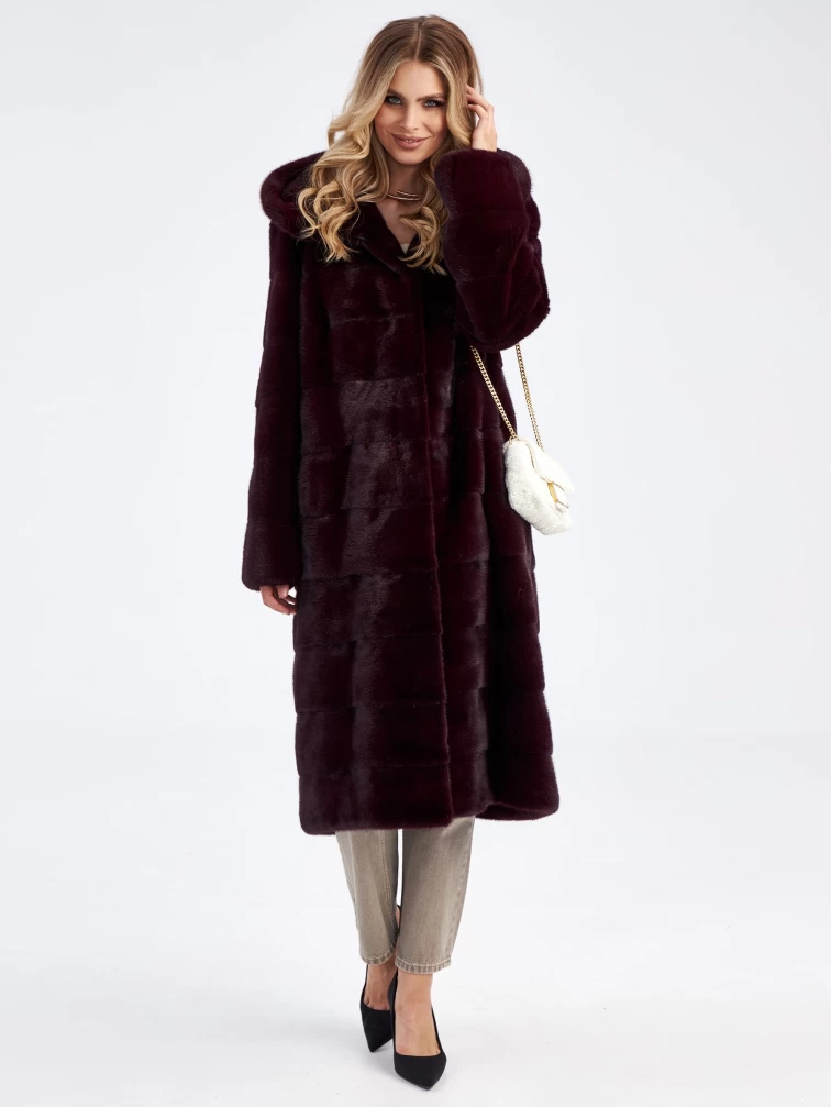 Длинная поперечная шуба из меха норки с капюшоном для женщин 2а(к), бордовая, размер 52, артикул 33850-6