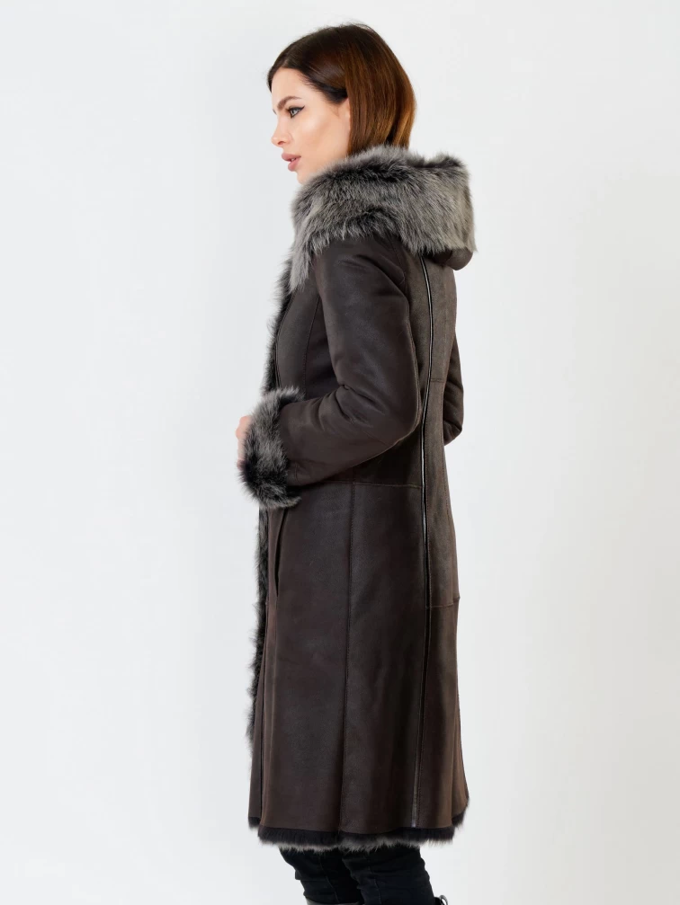 Длинная женская дубленка из тосканы с капюшоном 123нк, коричневая, размер 56, артикул 61901-5