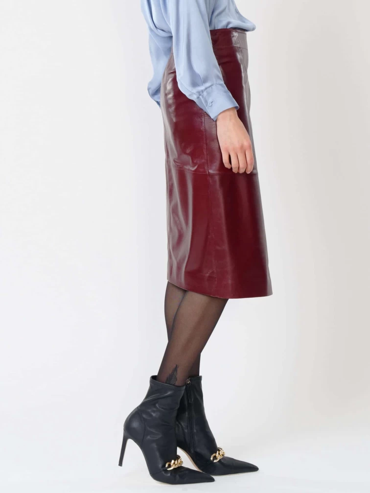 Бордовая кожаная юбка миди 07, размер 42, артикул 85420-7