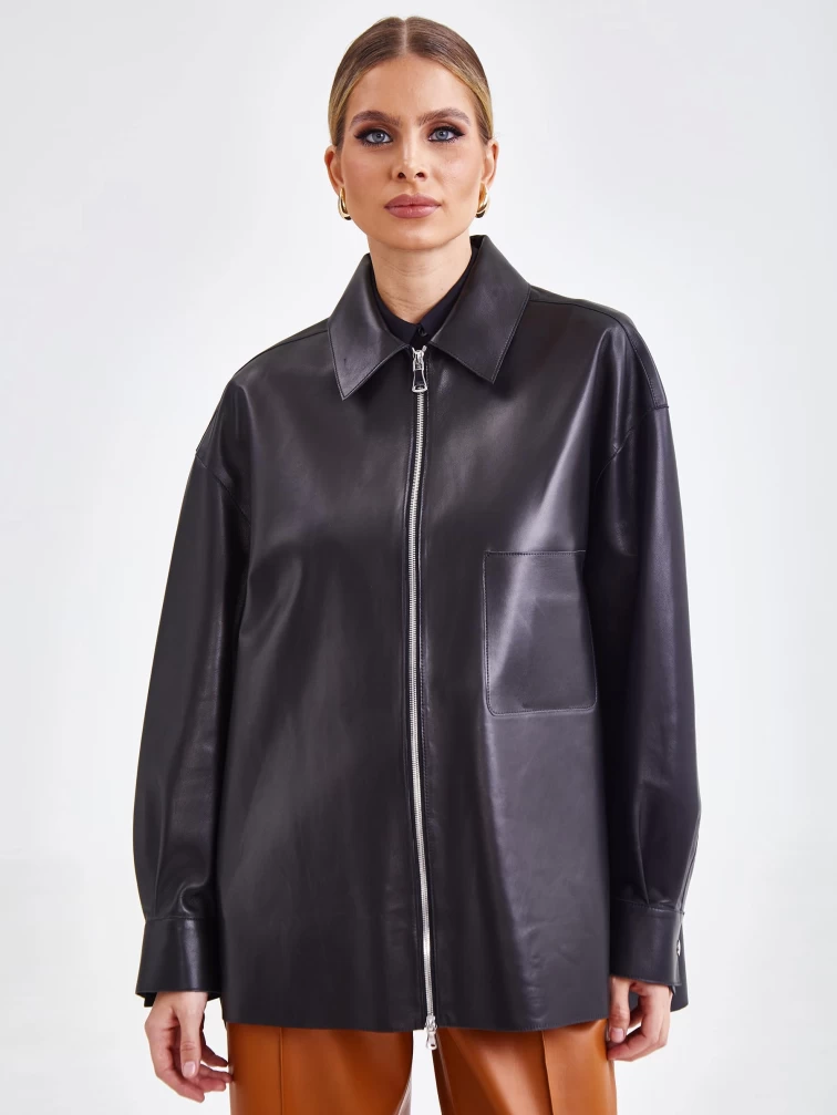 Кожаная женская куртка на молнии премиум класса 03, черная, размер 44, артикул 24750-5