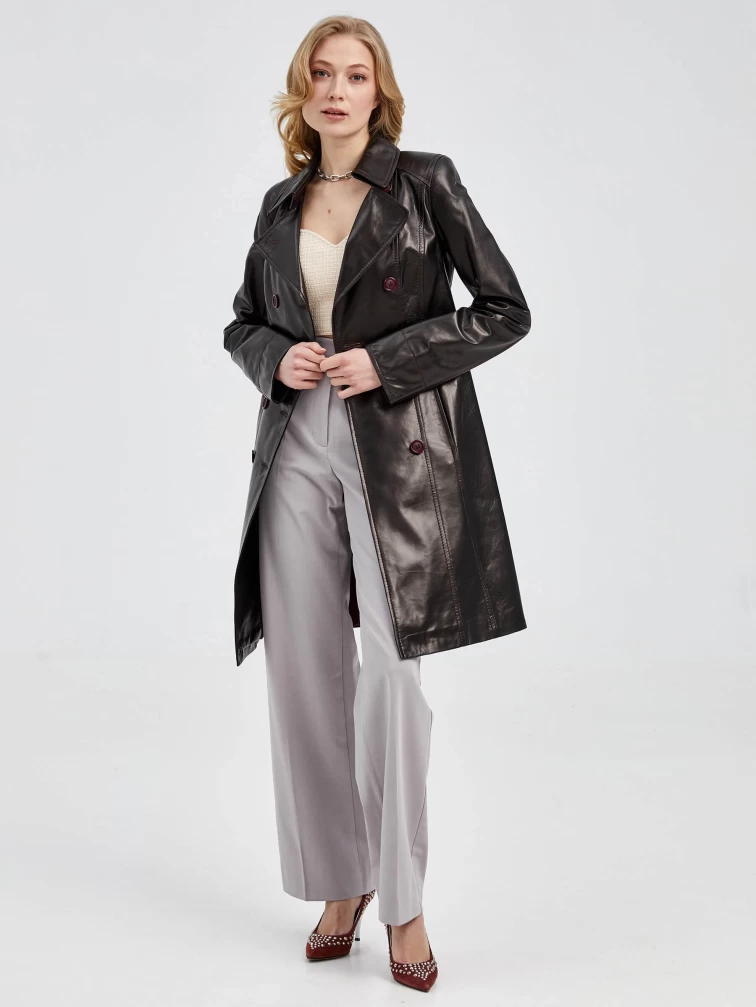 Двубортный кожаный женский френч с поясом 321, черный, размер 40, артикул 91670-3