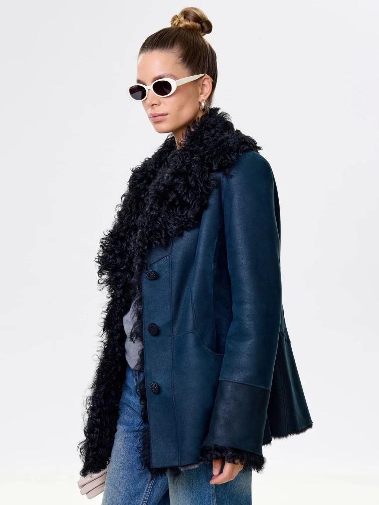 Короткая женская дубленка с овчиной тиградо 289, синяя, размер 42, артикул 61951-6