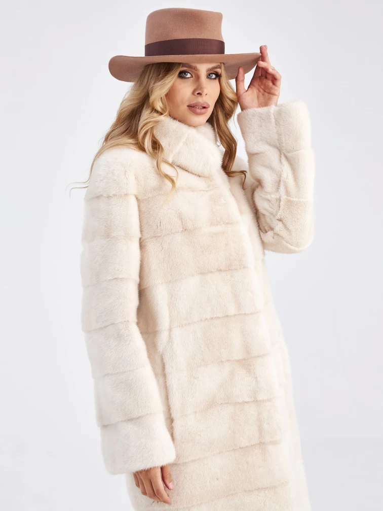 Поперечная норковая шуба с воротником стойкой для женщин Ася(в), жемчужная, размер 44, артикул 33760-0