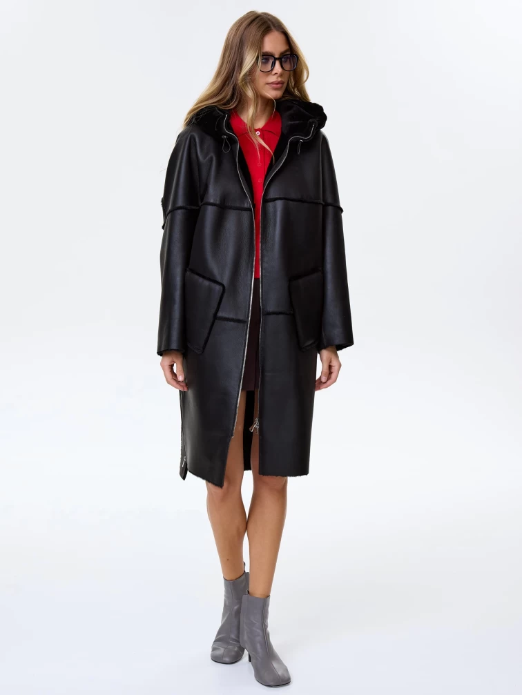 Женское полупальто с капюшоном из натуральной овчины премиум класса 2052, черное, размер 46, артикул 64290-4