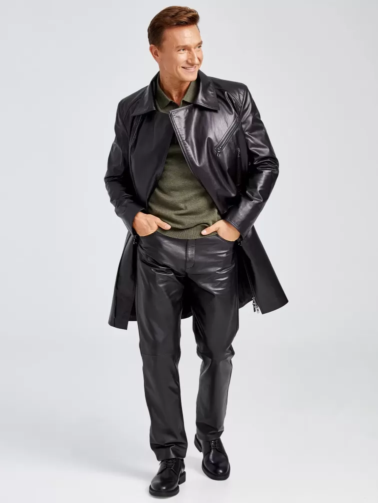Мужской кожаный плащ косуха премиум класса 554, черный, размер 54, артикул 28920-6