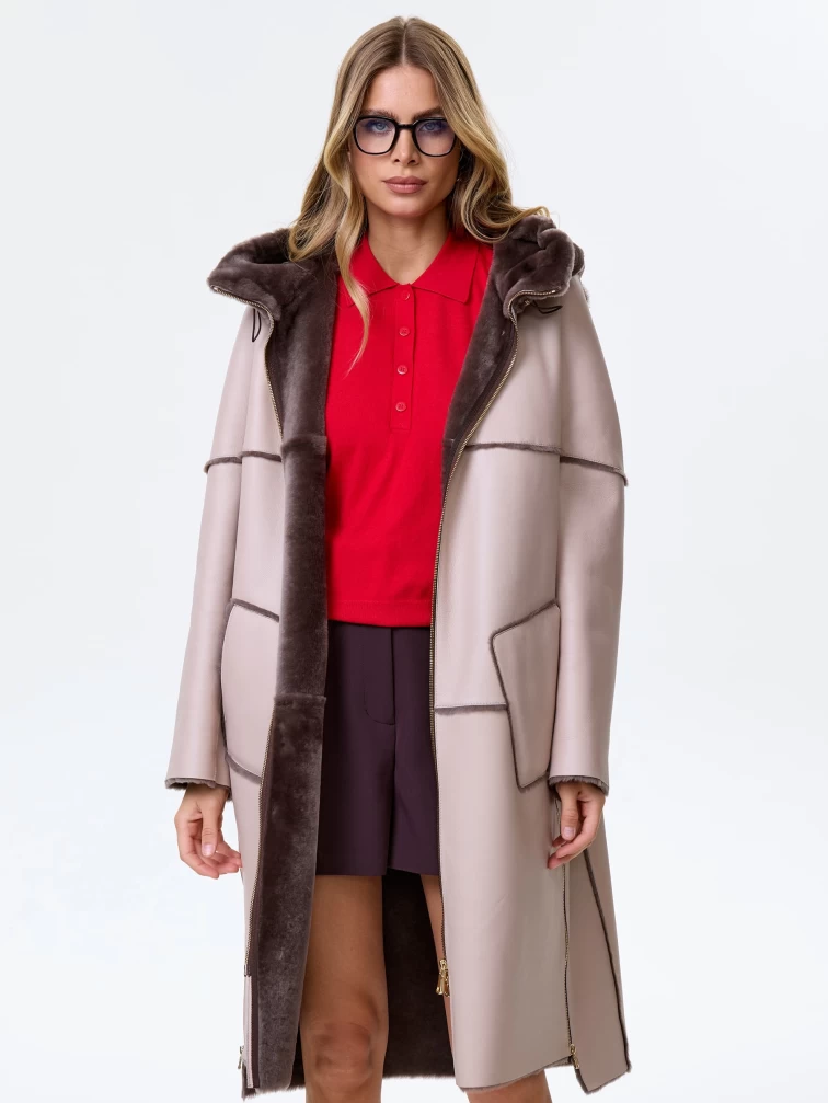 Женское полупальто с капюшоном из натуральной овчины премиум класса 2052, бежевое, размер 46, артикул 64280-0