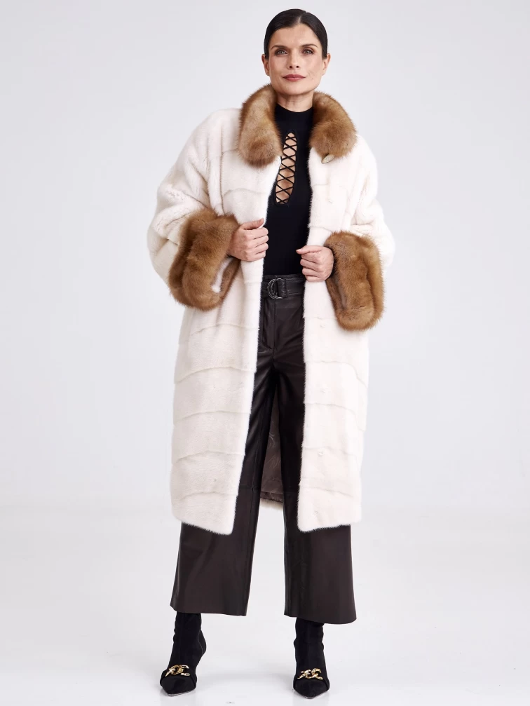 Длинная женская шуба из меха норки с воротником из меха куницы Анастасия(вк), жемчужная, размер 48, артикул 33260-1