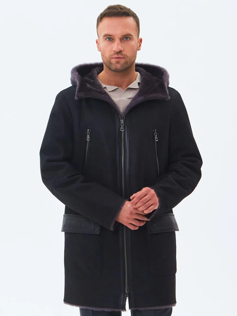Длинная мужская дубленка с капюшоном премиум класса 429, черная, размер 52, артикул 71460-4
