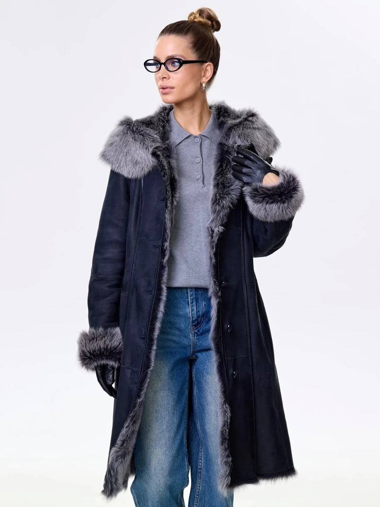 Длинная женская дубленка из тосканы с капюшоном 123нк, черная, размер 52, артикул 61893-1