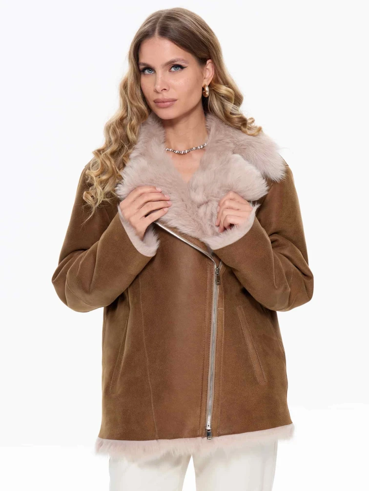 Короткая женская дубленка из тосканы 2068, бежевая, размер 56, артикул 64730-4