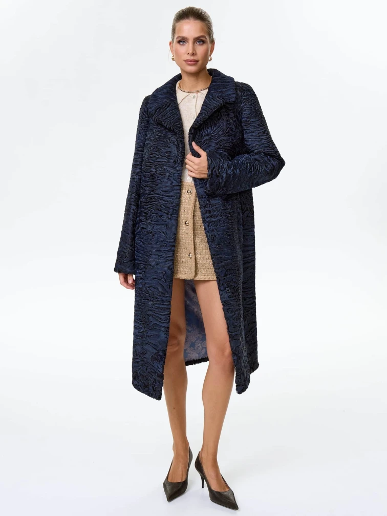 Длинная женская шуба из меха каракульчи премиум класса Лола(ав), синяя, размер 48, артикул 34010-7