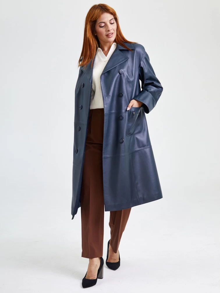 Кожаный двубортный плащ женский премиум класса 3012, синий, размер 56, артикул 91771-1