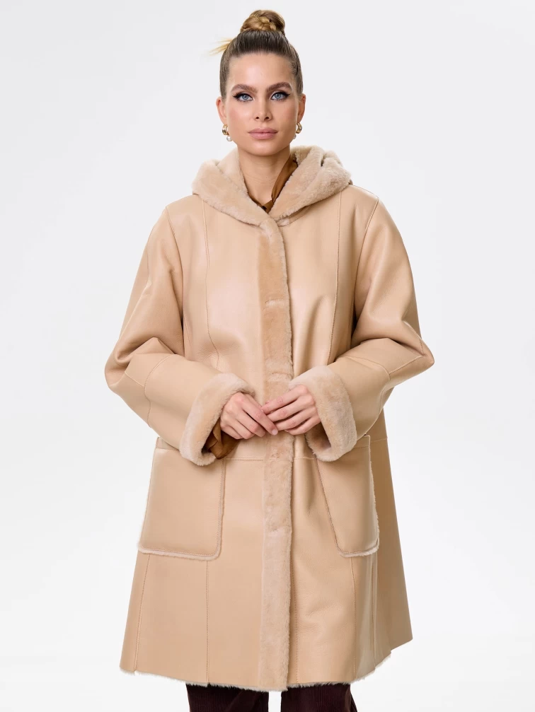 Женская классическая дубленка с капюшоном премиум класса 2004, бежевая, размер 54, артикул 62840-0