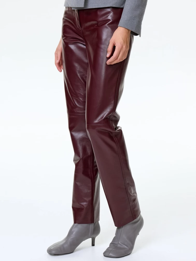 Кожаные зауженные женские брюки 02, бордовые, размер 42, артикул 85490-2