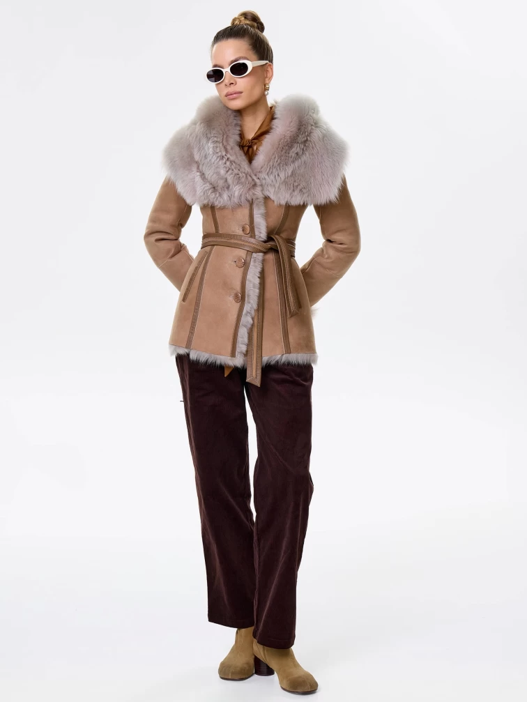 Короткая женская дубленка из тосканы с капюшоном 122, бежевая, размер 40, артикул 61451-7