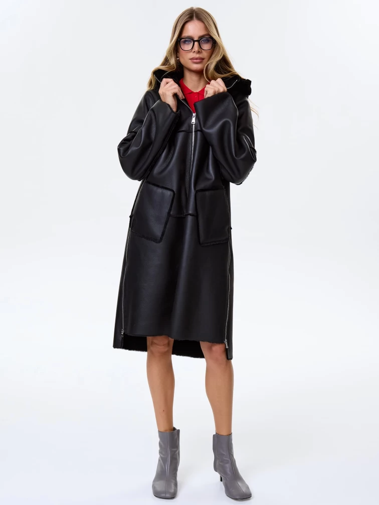 Стильная женская дубленка оверсайз с капюшоном премиум класса 2052, черная, размер 46, артикул 64470-1