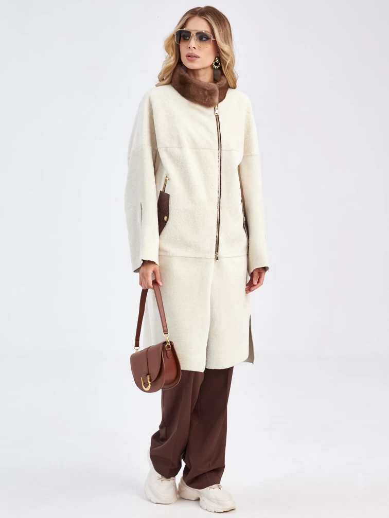 Женская молодежная дубленка с воротником из меха норки премиум класса 2022, белая, размер 48, артикул 63030-3