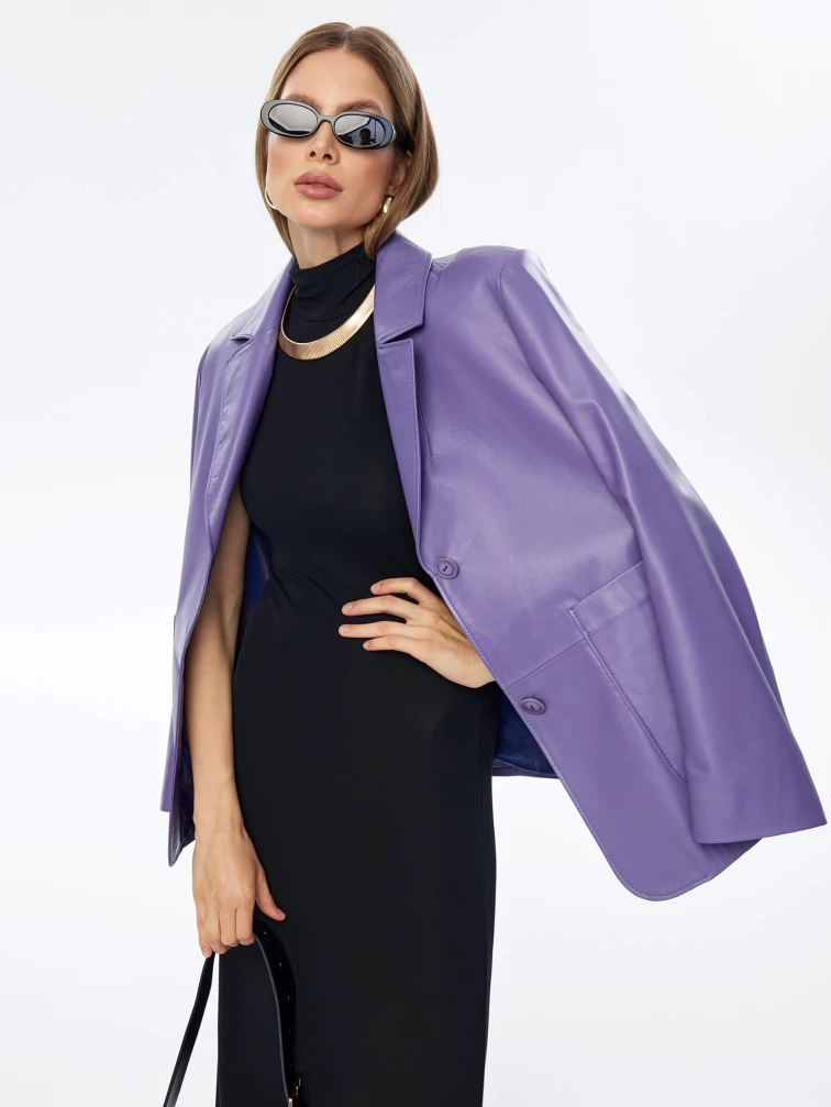 Сиреневый кожаный женский пиджак премиум класса 3016, размер 48, артикул 91680-5
